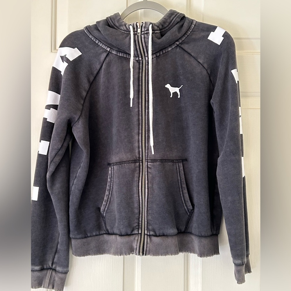 PINK Victoria Secret Distressed Gray Zip up Hoodie Size Lg